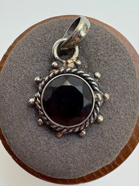 Smoky Quartz Bezel Set Beaded Circle Pendant VTG Sterling Silver 925 Size 1"